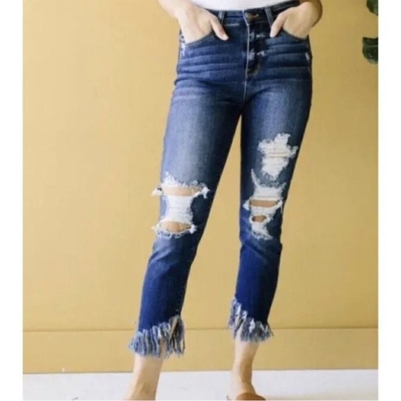 Judy Blue Up Town Girl Jeans Fringed Ankles High Rise Destroyed Denim - Picture 1 of 8